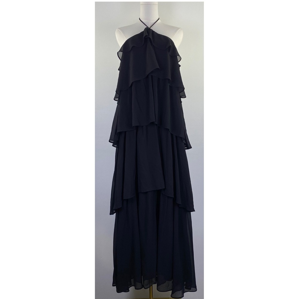 Petal & Pup Chasity Halterneck Maxi Dress Tiered Ruffle S Black Chiffon Evening